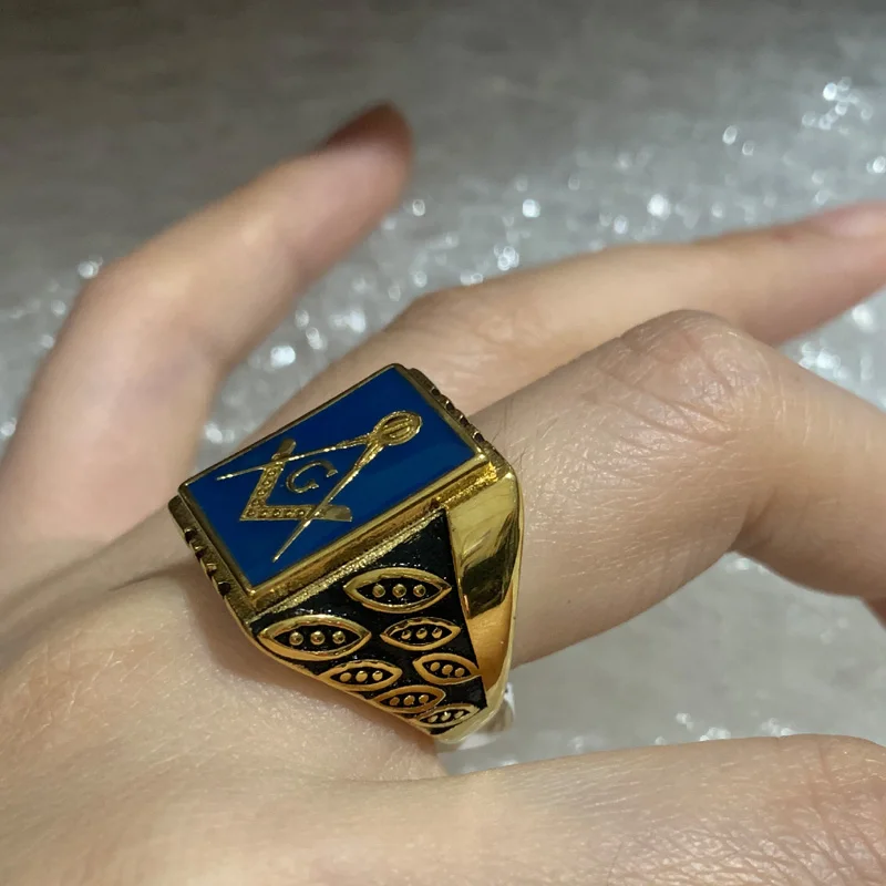 Men\'s Freemason Freemasonry Blue Enamel Gold Color Stainless Steel Masonic Ring for Men Jewelry