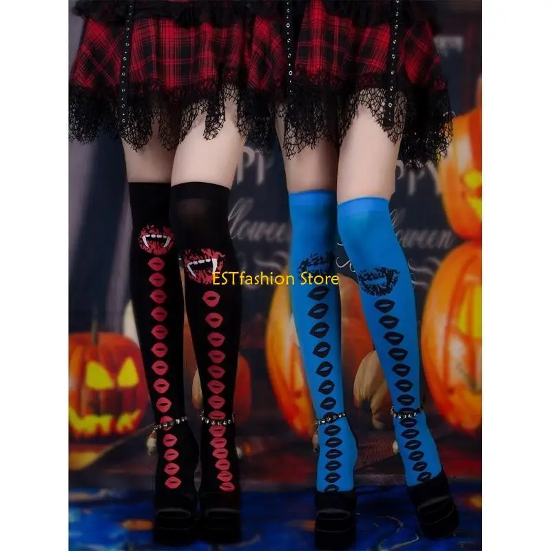 Y5GC bloedige lippen over knie hoge sokken lippen dij hoge kousen Halloween -kousen