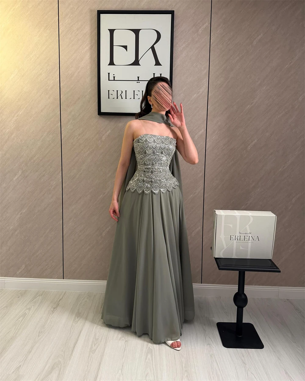 Contessa Custom Classic Evening Dress Strapless Beaded Bodice Robes De Soirée Sage Cape Shawl Bridesmaid Dress Maxi Floor Length image 4