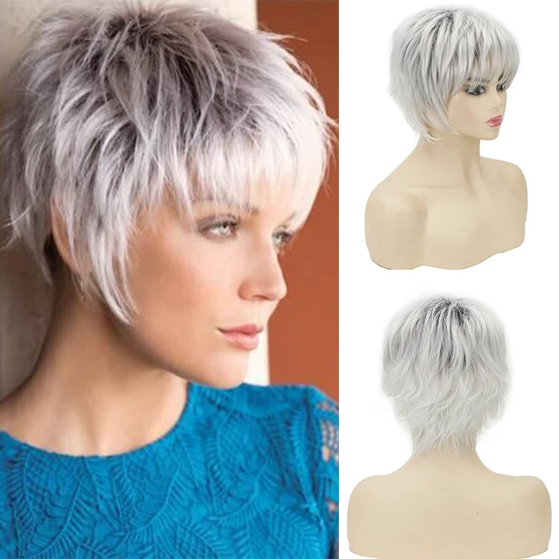 European American fashion short straight hair with bangs, mixed black and white synthetic fiber wig for women