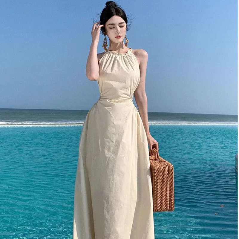 2024summer Cut-out Waist extension White Halter Dress femminile Lace-up sottile Holiday abiti lunghi con frange abbigliamento donna Vestidos