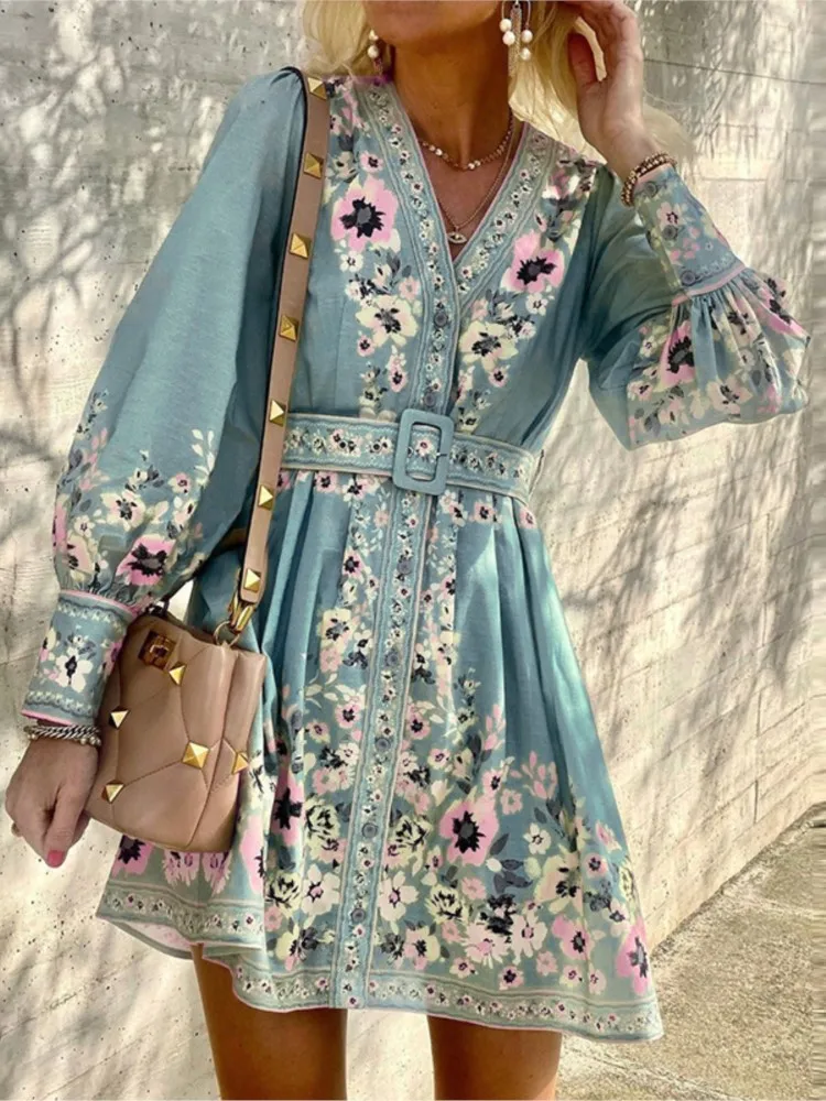 

Women Bohemian Printed Dresses V-Neck Long Sleeve Loose Mini Dress 2025 Autumn Casual Elegant Fashionable Loose Dress With Belt