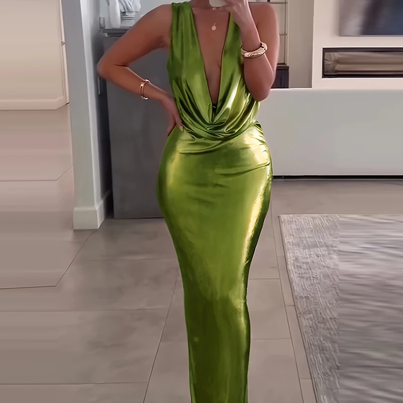 Casual Backless Hollow Solid Long Dresses Elegant V-neck Sleeveless Wrap Hip Dress Women Fashion Hight Waist Slim Evening Dress