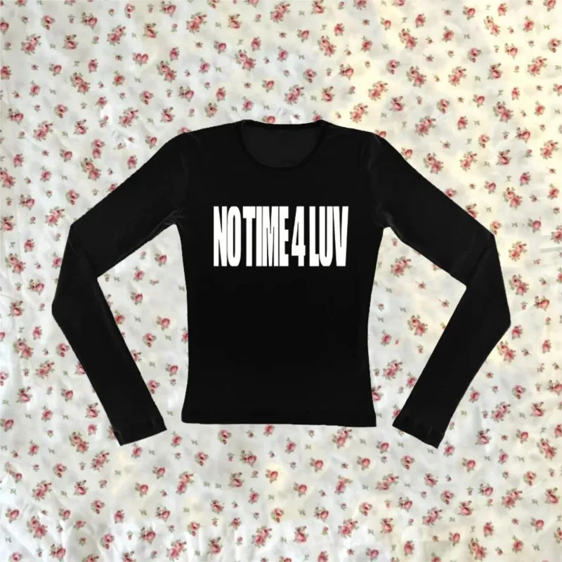 Estetyka Y2K Minimalistyczny Styl Moda Damska Koszulki z Długim Rękawem Okrągły Dekolt Dopasowane Modne Bluzki Streetwear EMO Koszulka Dziewczęca