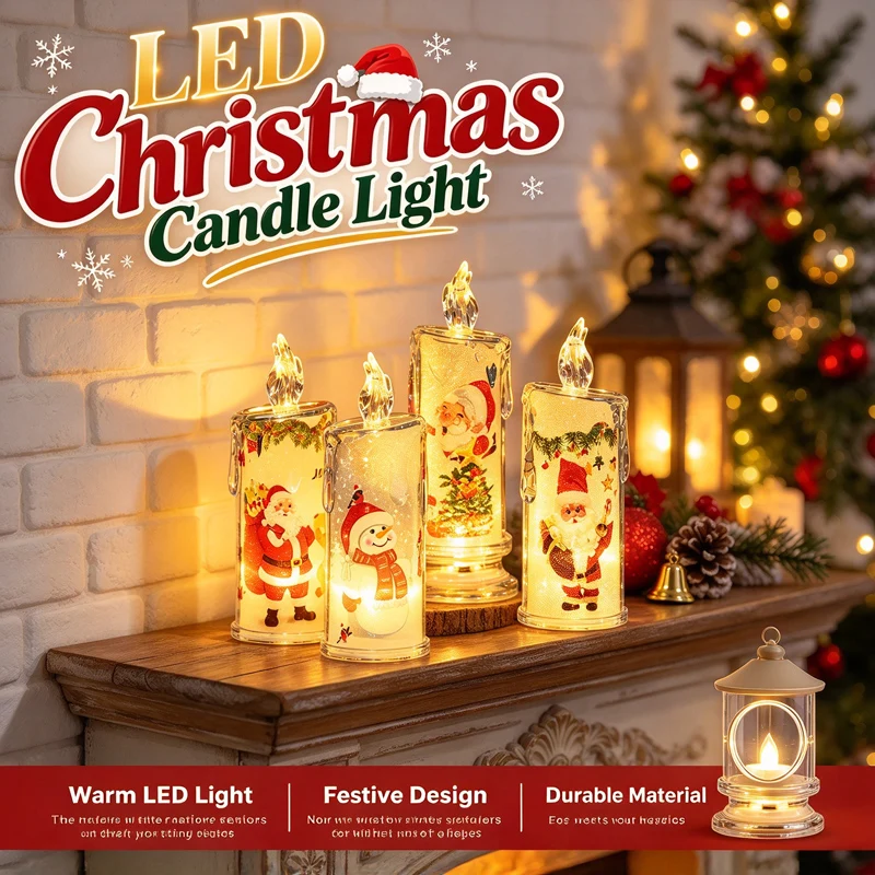 LED Christmas Candle Lights Battery Operated Flameless with Festive Patterns Safe Holiday Window Table Decor for Xmas Party