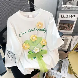 Three-Dimensional Flower Bow Printing Tees Femme O-Neck Short-Sleeve T-Shirts 2023 Summer Chic Simple Casual Loose Tops