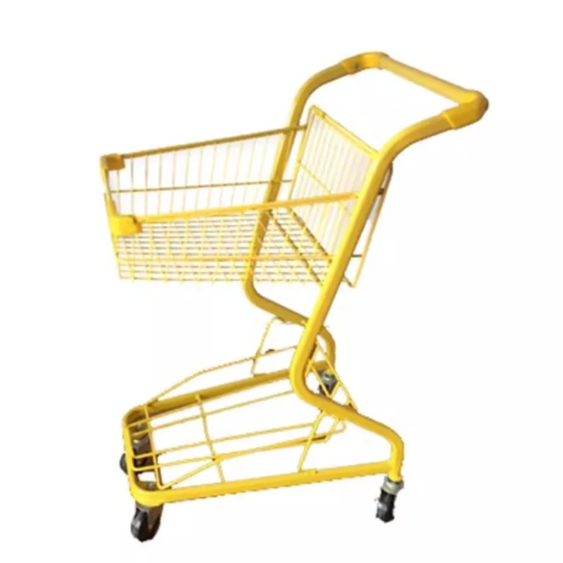 

High end basket cart Supermarket handcart shopping cart Mobile double layer basket cart