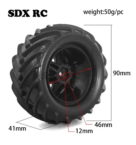 4 Stuks 90Mm Monster Truck Buggy Banden Wiel 12Mm Hex Voor E-Revo Mjx 16207 16208 Scy 16101 Hbx 1/16 Rc Auto Upgrade Onderdelen