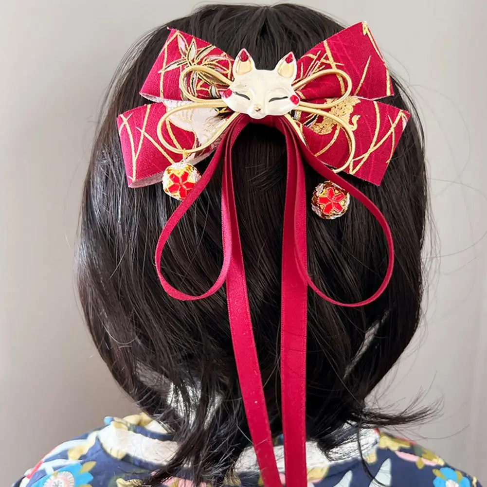 Red Bow Hairpin with Tassels Fox Decor Long Ribbon Chinese New Year Celebrations Style Cartoon Bow Hair Clip Hair Accessory