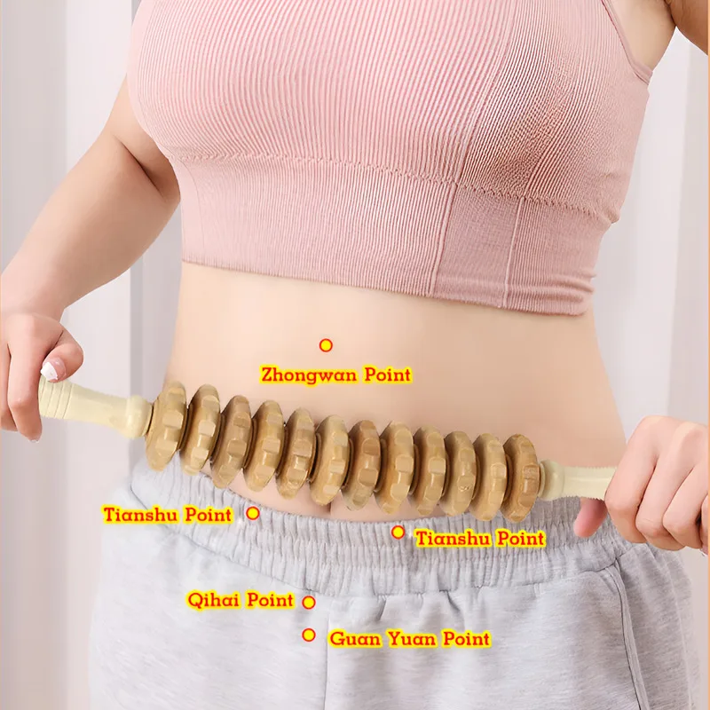 Solid Wood Full Body Massager, 12-Wheel Wooden Roller Stick for Abdomen & Back, Ideal for Home Muscle Relief