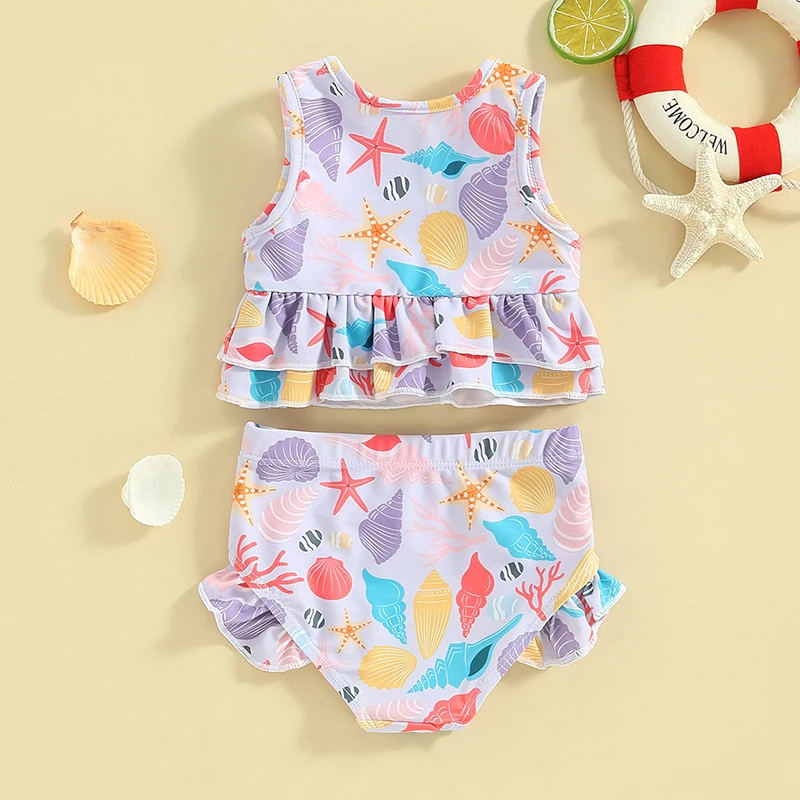 0-3T Toddler Girl\'s Summer Bikini 2 Pcs Set Starfish Print Sleeveless Round-Neck Ruffled Tank Tops with Shorts Swimsuit