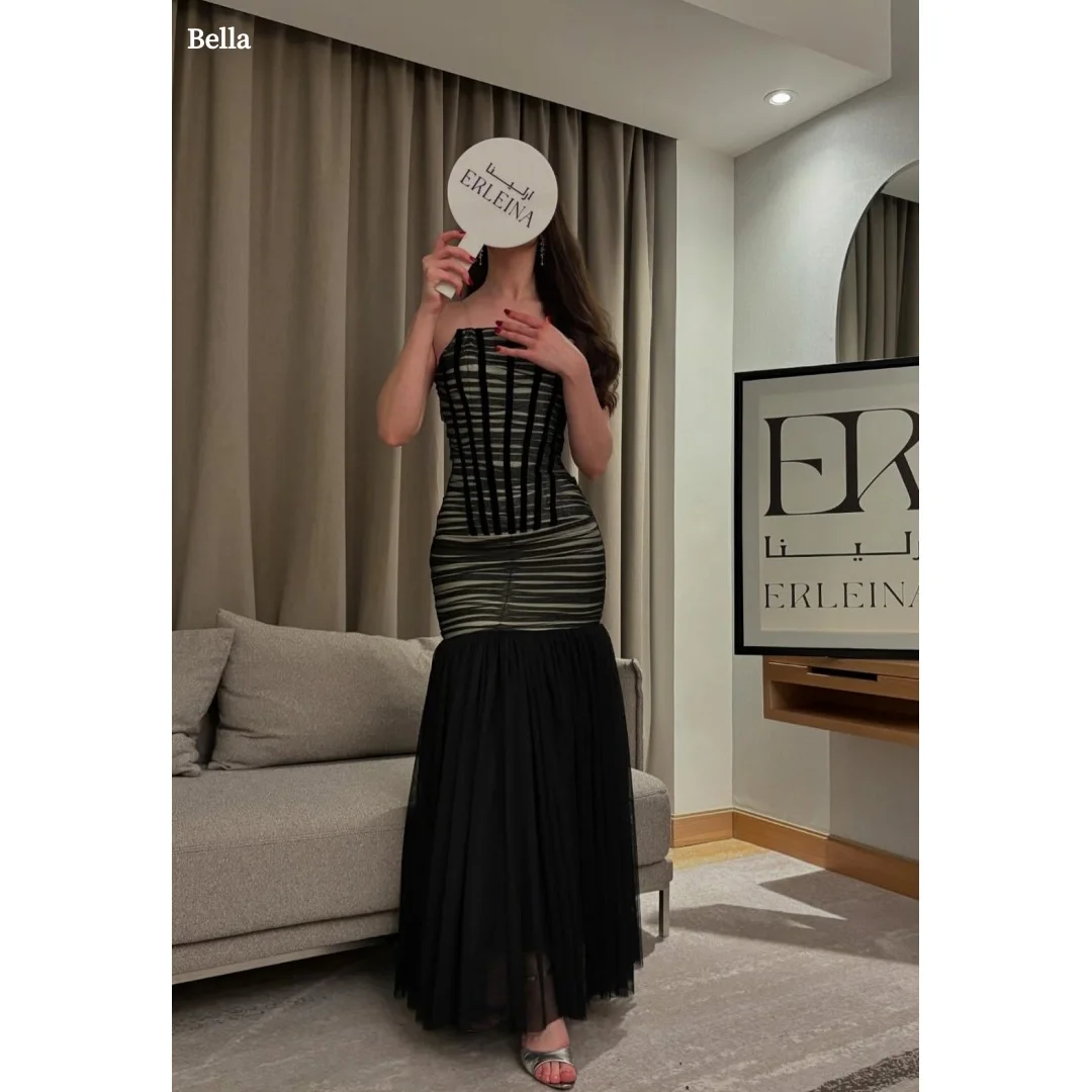 

Платье для выпускного вечера Bella в черно-зеленую полоску без бретелек, корсет с облегающим лифом, черная тюлевая юбка-русалка, платье 2025