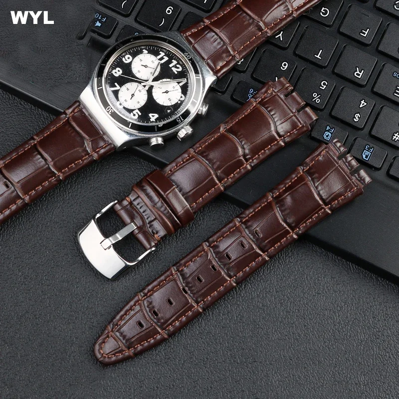 

Men's genuine leather watch accessories for swatch YVS423 419 413 420 concave convex calfskin watch chain 21mm