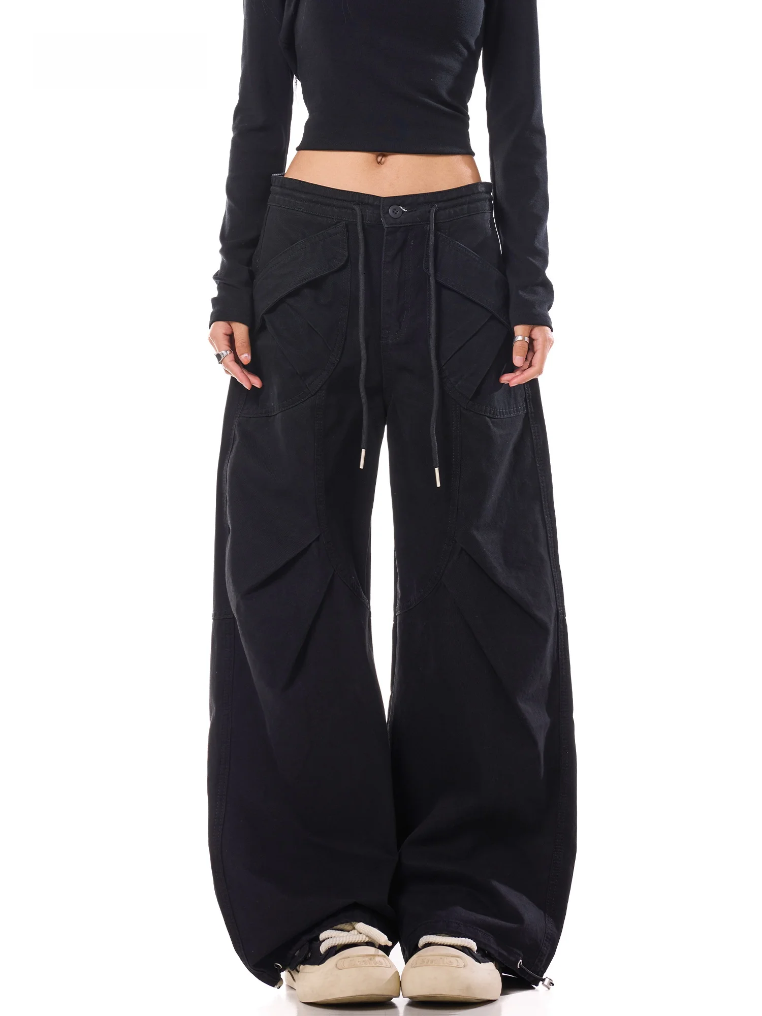American Style Pure Cotton Work Pants Women's Drawstring Wide Leg Casual Trousers Black Cool And Elegant Autumn New Arrival
