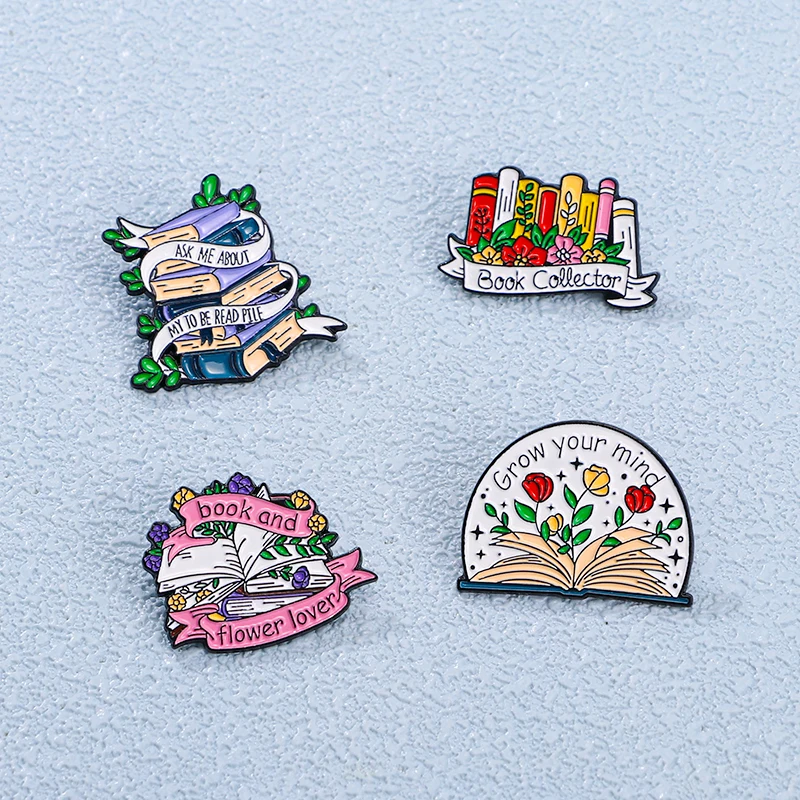 New Pretty Book Flower Collection Enamel Brooches Grow Your Mind Read Pile Lapel Pins Nice Gift For Student Teacher