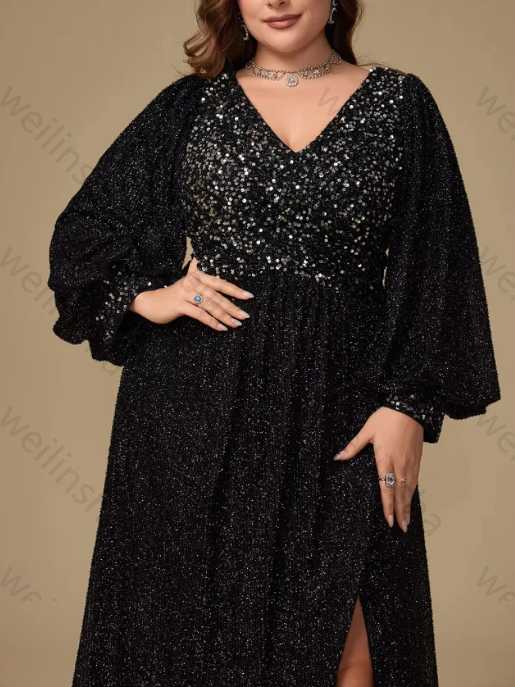 Abiti da Sera Personalizzati con Scollo a V e Maniche Lunghe a Lanterna con Paillettes, Eleganti Abiti da Celebrità, Raffinati Vestiti da Cerimonia di Alta Qualità