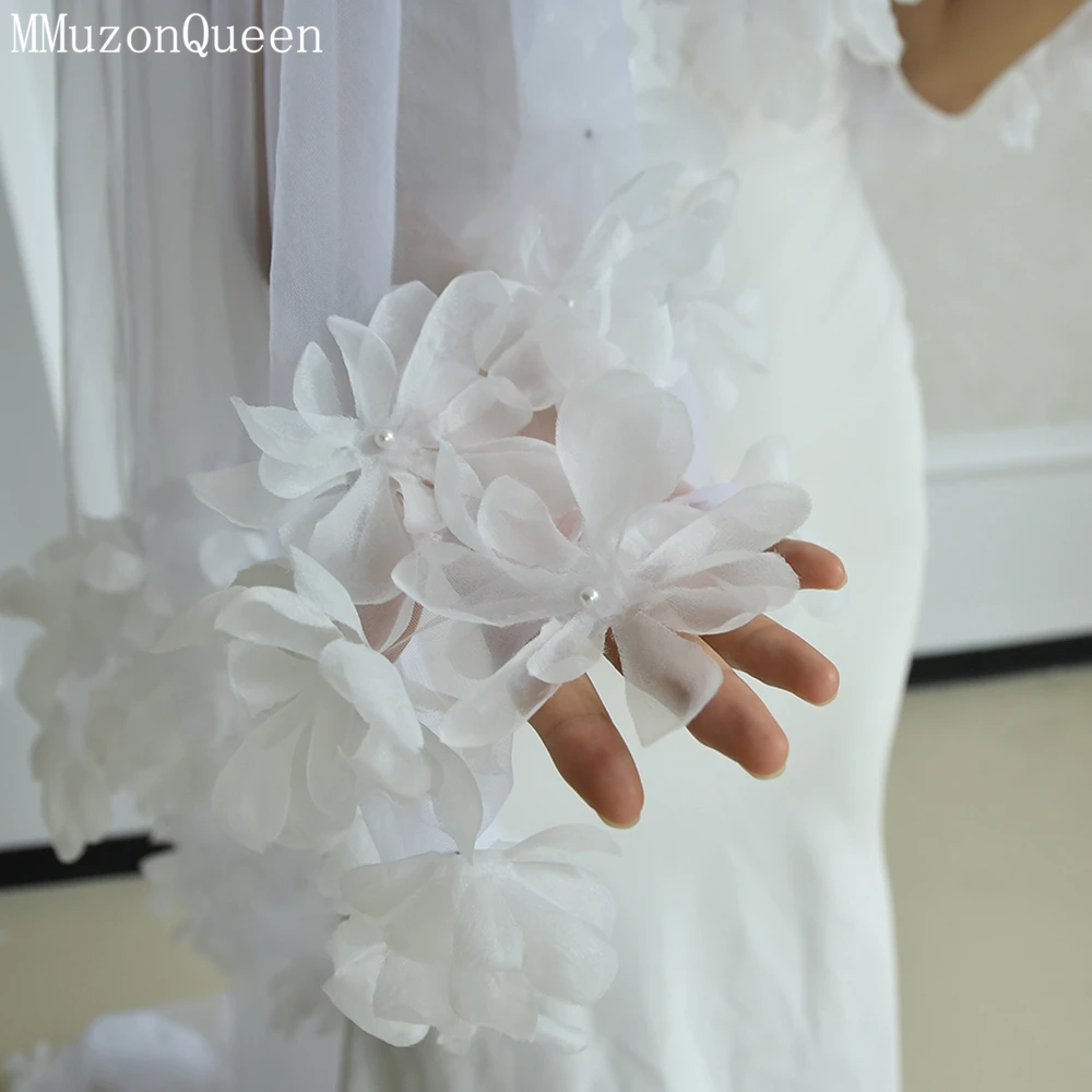 MMQ M97 vestido de novia largo, velo de perlas de flores tridimensionales, temperamento suave, tul de veilbridal de una sola capa