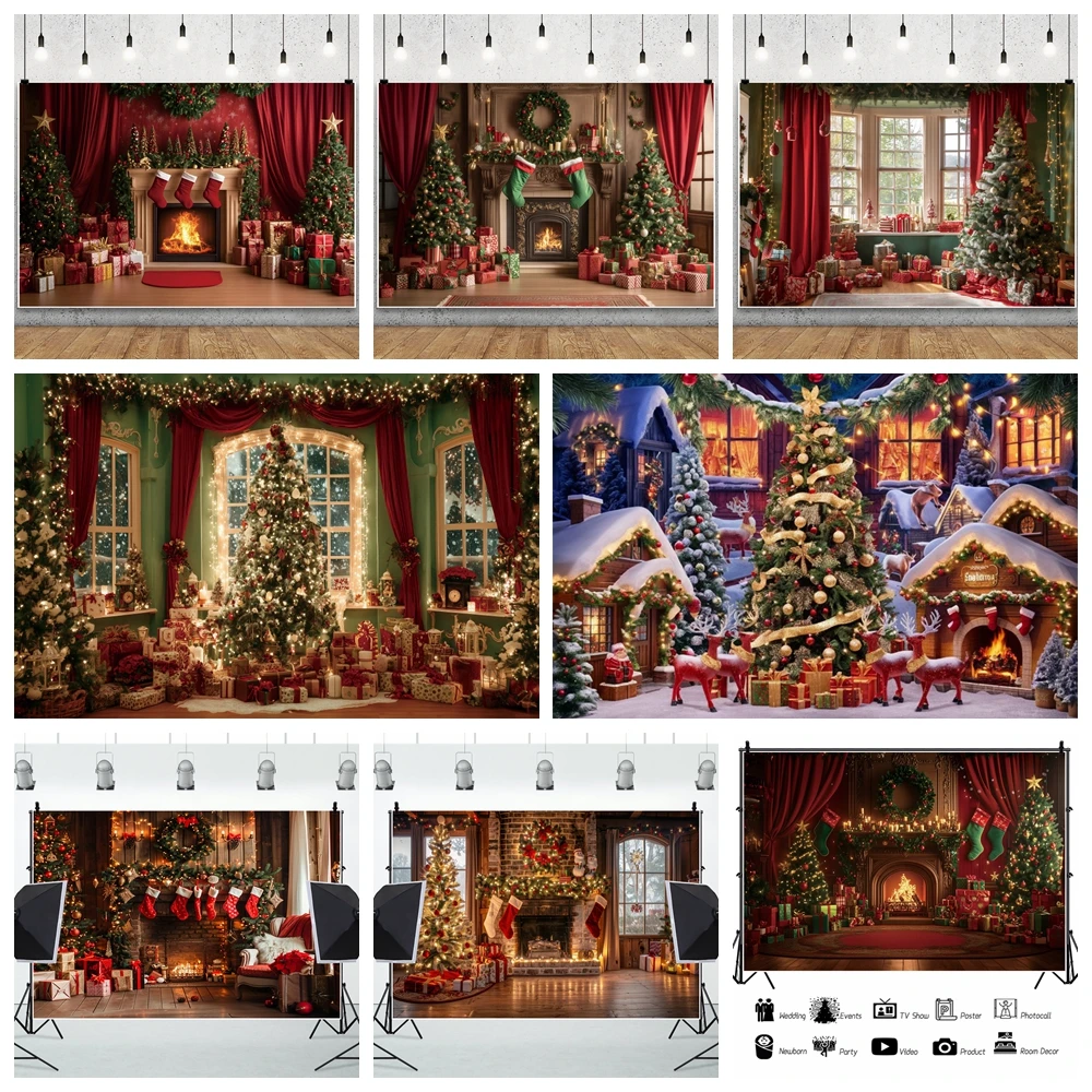 

Merry Christmas Photography Background Indoor Scene Fireplaces XMAS Trees Festive Gifts Children Portraits Photo Shoots Backdrop