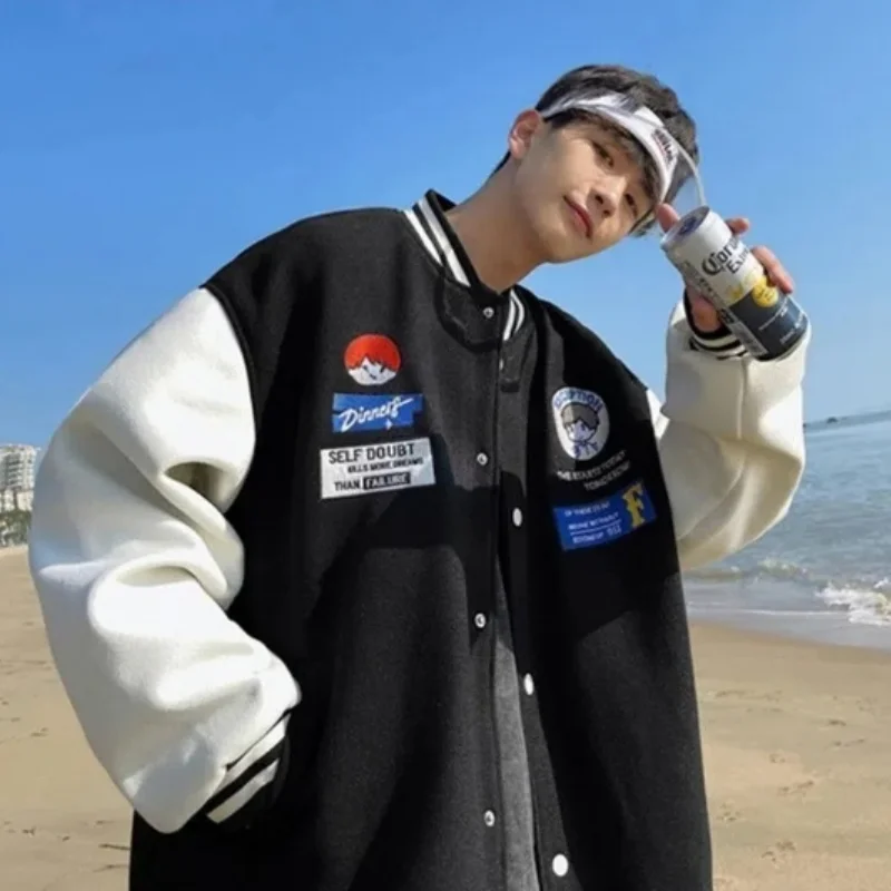 Men American Hip-Hop Baseball Jacket INS Couple Double Lays Slim Fit Baseball Uniform Youth Student Bomber Jackets Men Coat