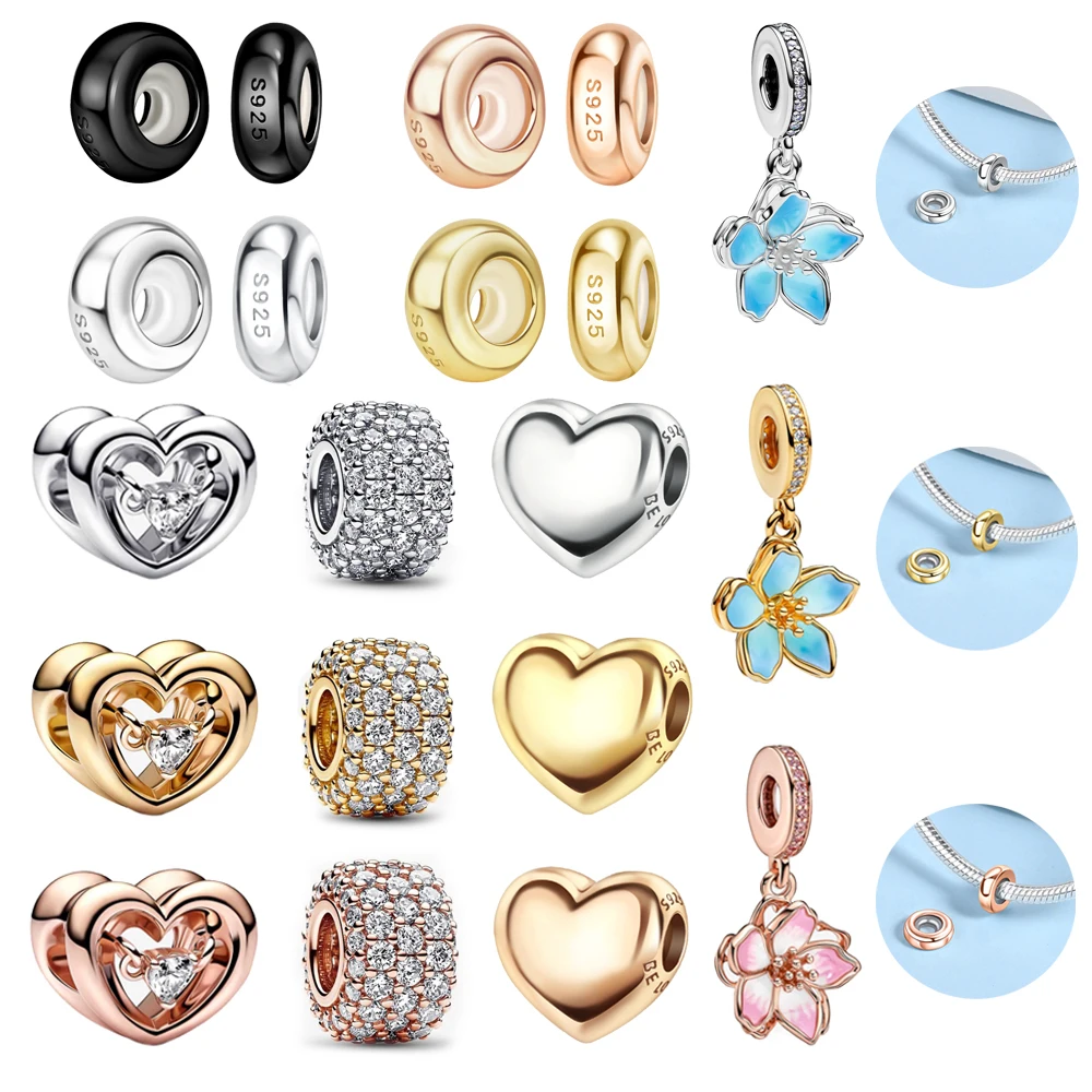 

925 Sterling Silver Golden Heart Shape Beads & Four-Leaf Clover Dangle Charm Fits Bracelet Boutique Necklace Exquisite Gifts