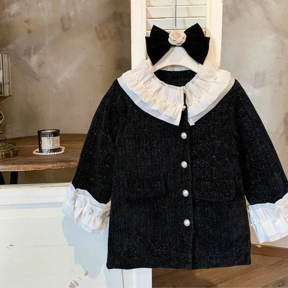 

Autumn and Winter New Black Medium Length Coat Pearl Decoration White Lace Collar Kids Jackets for Girls Clothing 2-7 Years Old