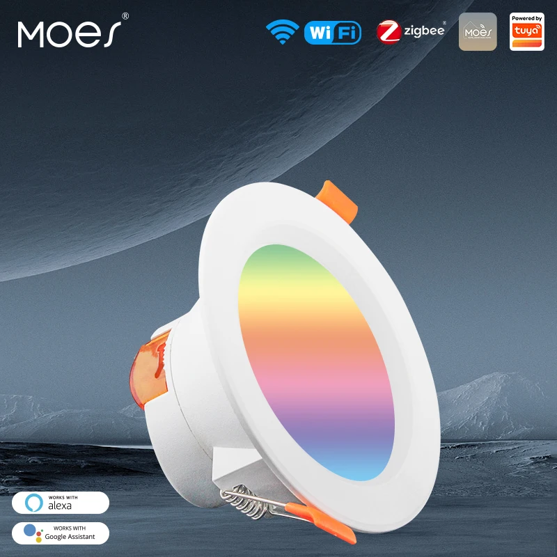 moes smart led downlight com wi fi luz spot redonda escurecimento zigbee mudanca de cor rgb luz fria quente alexa google home w 10w 01