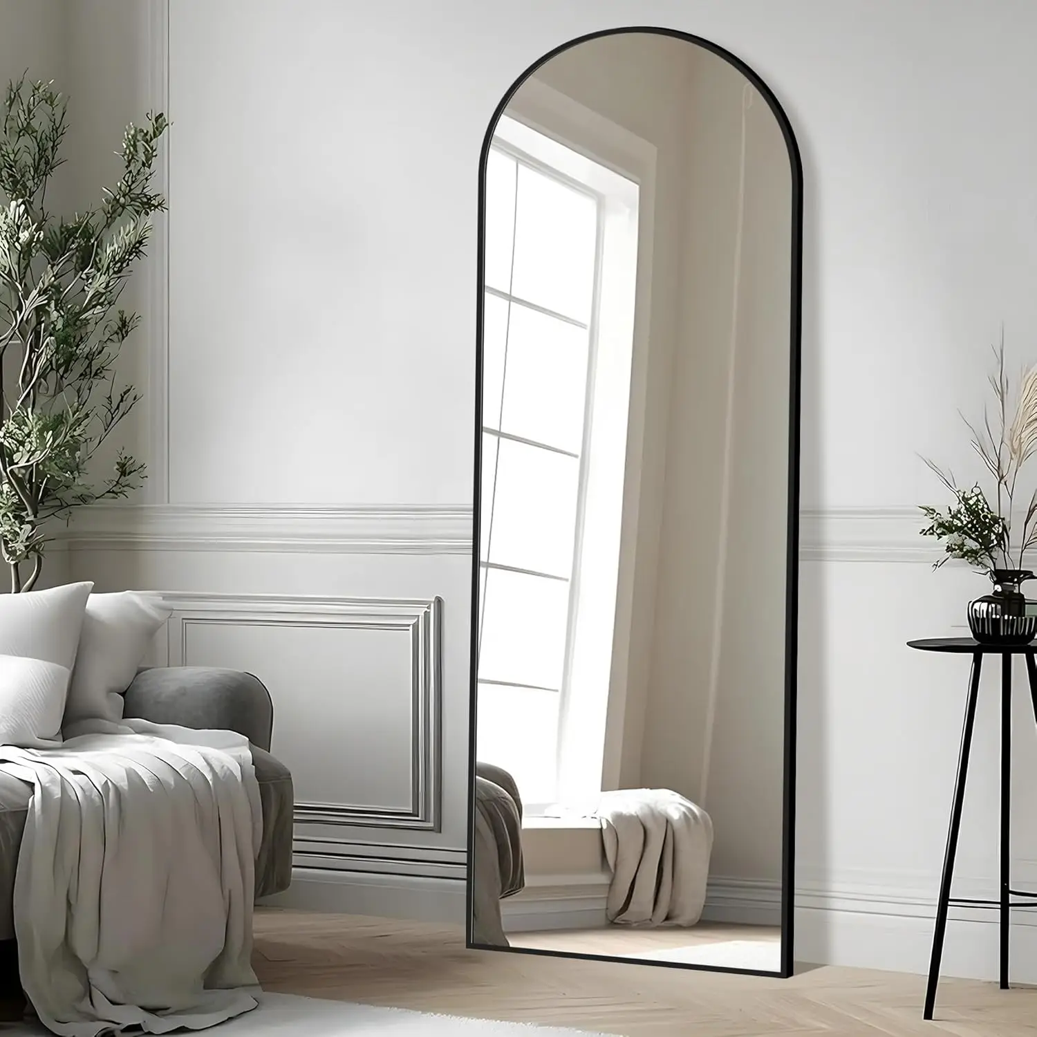 

56"x20" Arched Full Length Mirror with Stand, Black Floor Mirror, Full Body Dressing Mirror, Over The Door & Wall Mounted, Tempe