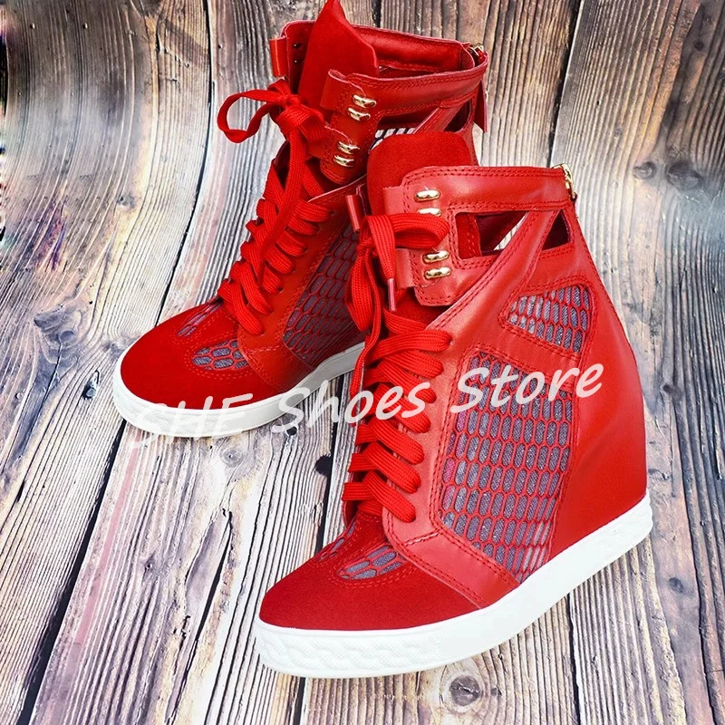

Summer Breathable Mesh Splicing Women Sneakers High Top 8Cm Height Increasing Lace-Up Sport Shoes Ladies Ouside Leisure Flats