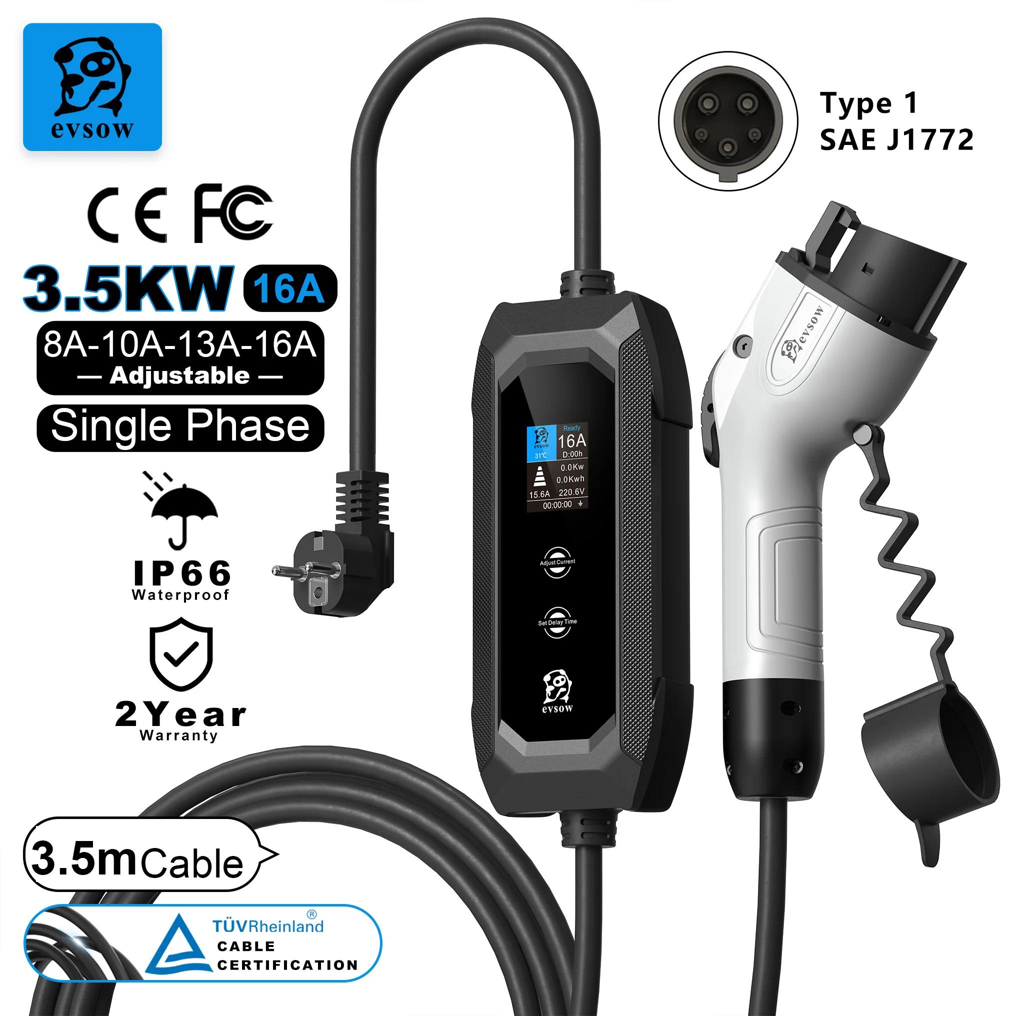 

evsow Type1 EV Charger SAE J1772 3.5kW Portable Electric Car Charger 1P 16A Adjustable Current &Set Charging Time EV Car Wallbox