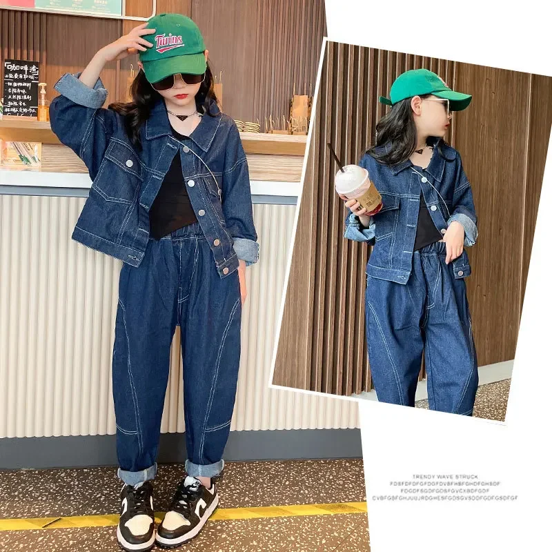 

2024 Korean Spring Autumn School Girl Denim Suit Teenager Girl Single-breasted Coats+Jeans Trousers Set For Girls 4-12Yrs