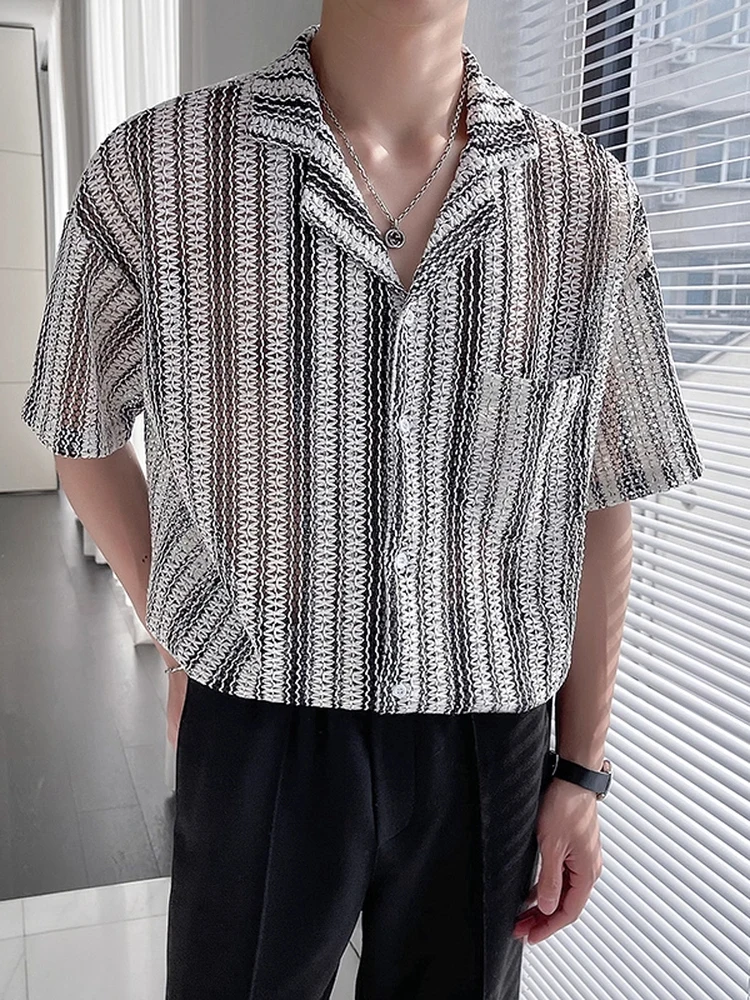 

Fashionable Men's Short Sleeve Shirt Hollow out Design Casual Summer Wear Breathable Polyester Fiber Youthful Style Button up