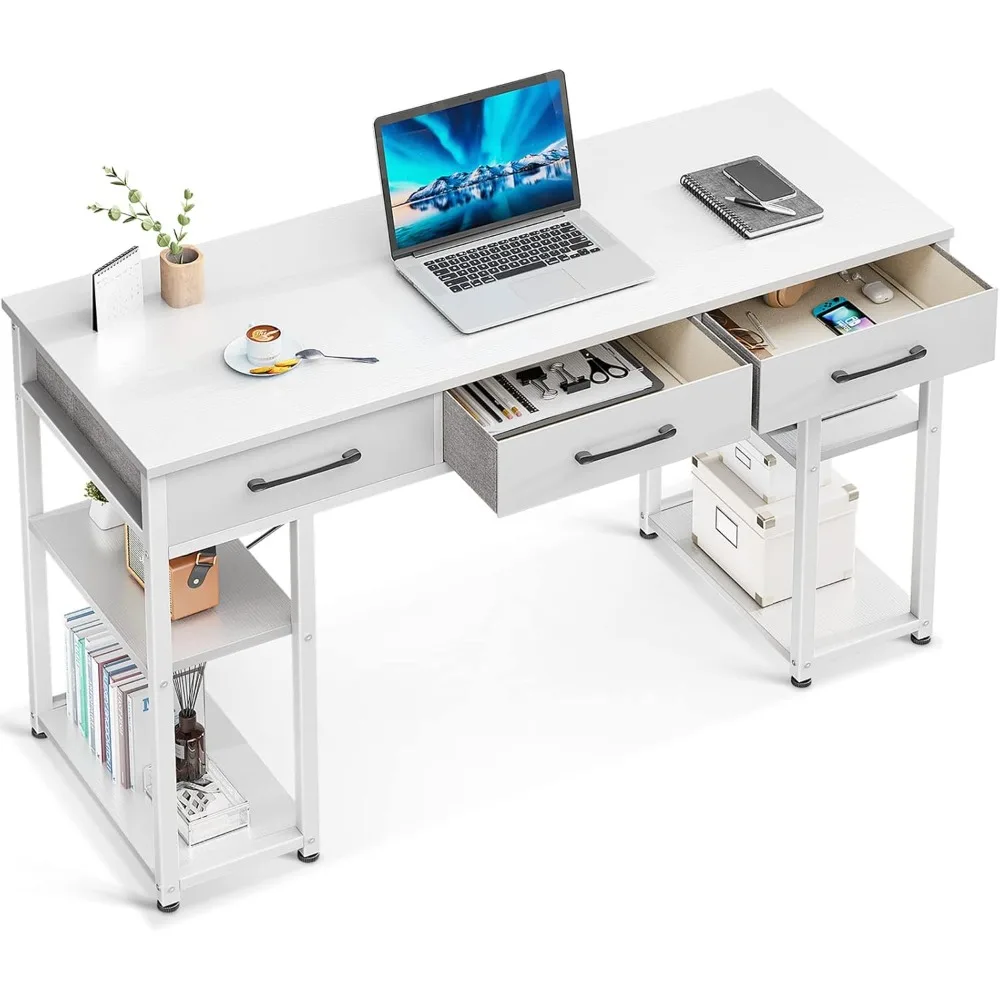 

Office Small Computer Desk: Home Table with Fabric Drawers & Storage Shelves, Modern Writing Desk, White, 48"x16"