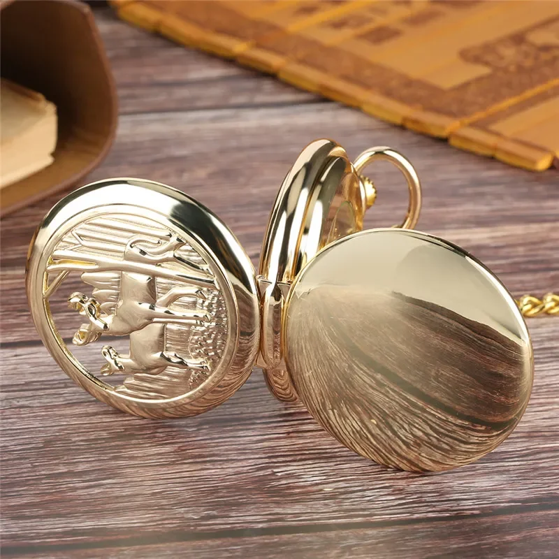 Luxury Yellow Golden Double Hunter Mechanical Hand Wind Pocket Watch for Men Women Hollow Elk Case Pendant Necklace Chain Gift