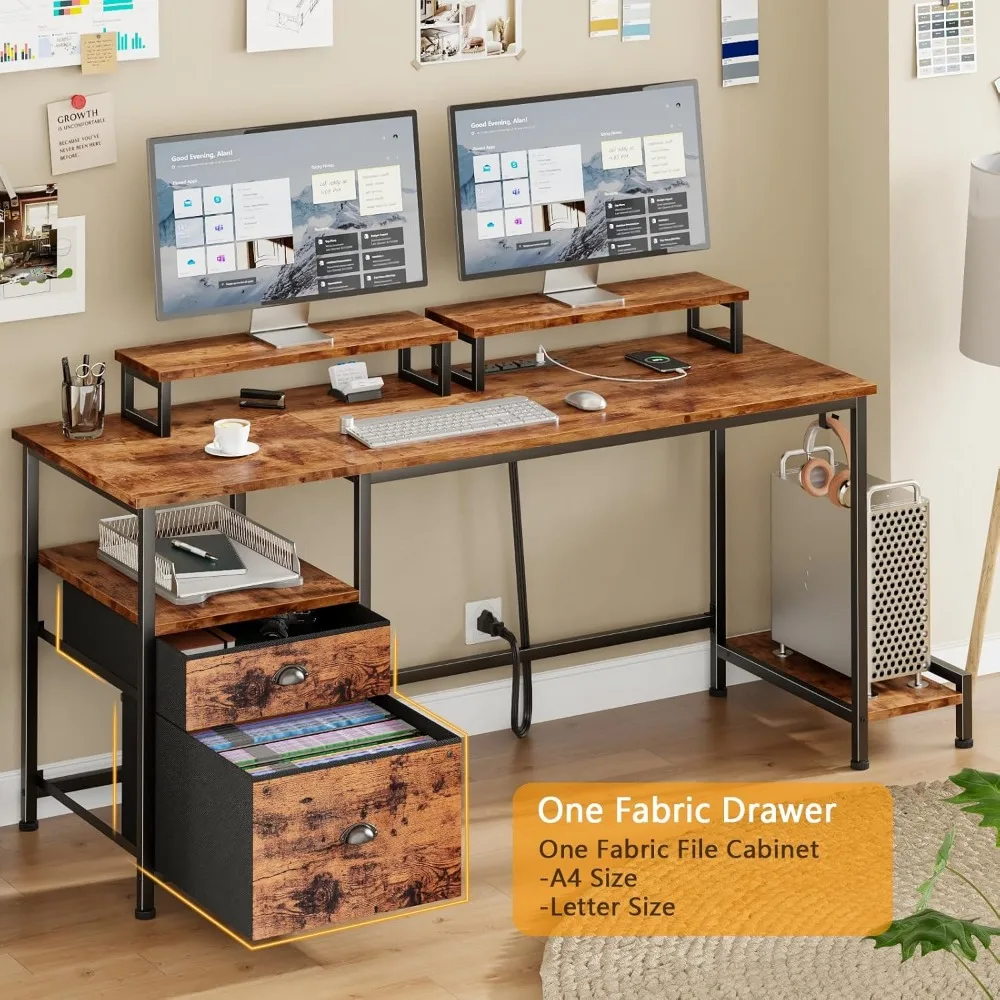 47" Computer Desk with File Cabinet and Power Outlets, Home Office Desk with 2 Monitor Stands and Storage Drawer, Writing Gamin
