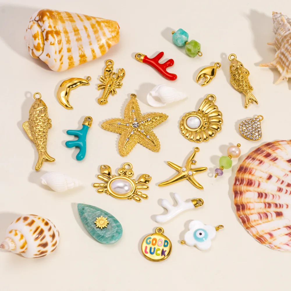 3/2 шт., нержавеющая сталь, 18 стилей, разноцветная морская звезда, краб, коралл, рыба, океанские элементы, подвески, подвески, ожерелье, браслет, ювелирные изделия