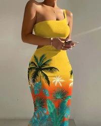 Women's Dress 2024 SexyTropical plant print  Single Shoulder Hollowed Out Ribbed Tight Fitting Dress Fahion Mid-Calf  Dress