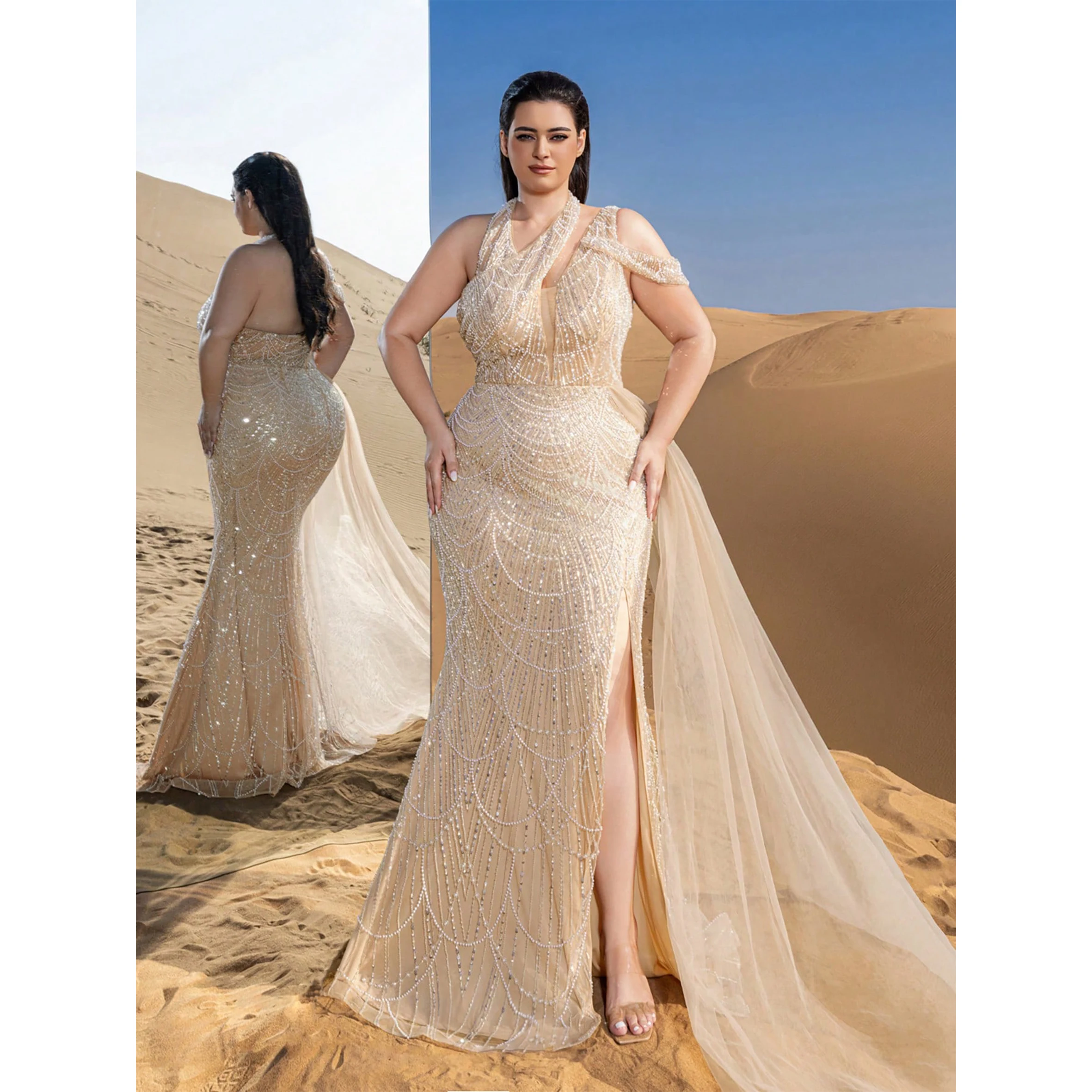 

Plus Luxury Asymmetrical Neck Draped Side Beaded Formal Party Dresses & Evening Gowns Dress & Embellished Dress