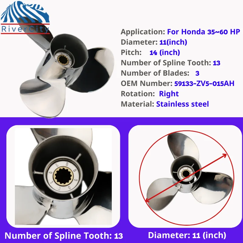 For Honda 40hp 45hp 50hp 60hp Outboard Propeller 11x15 Boat Motor Stainless Steel Screw Ship Marine Engine 3 Blade 13 Spline