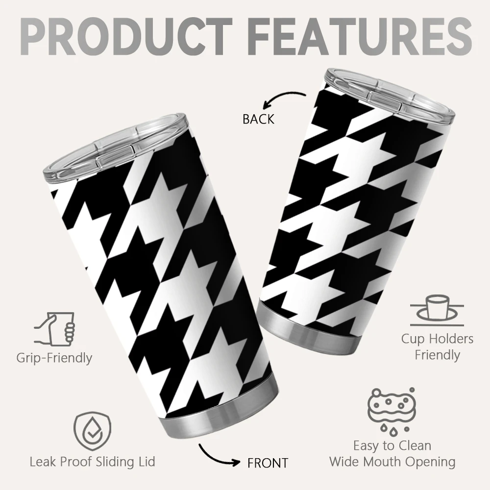 Houndstooth Check Pattern Vacuum Flasks 20oz Coffee Tumbler With 2 Lids & Straw Stainless Steel Vacuum Insulated Mug