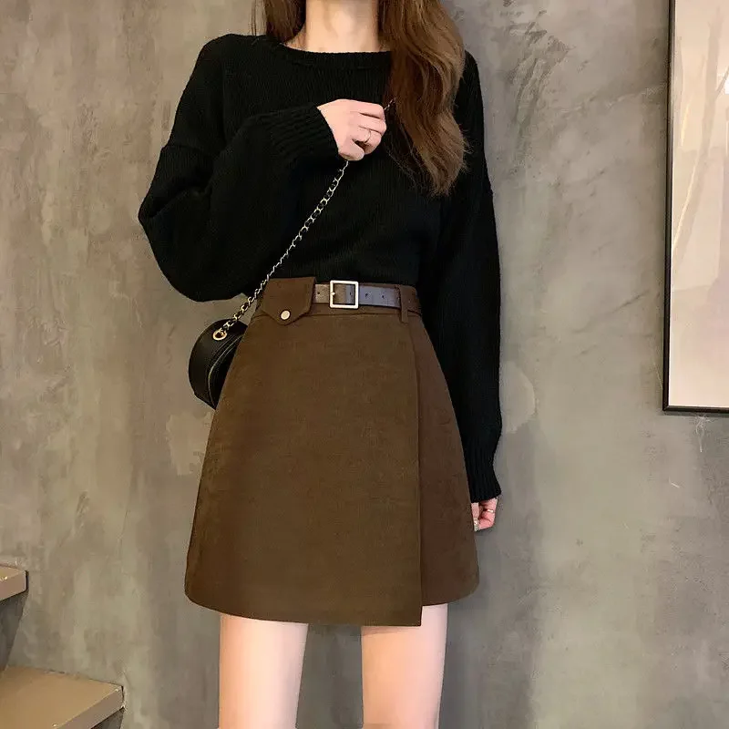 With Belt Autumn and Winter High Waist A- line Skirt Black Skirt for Women Woman Skirts Faldas Jupe