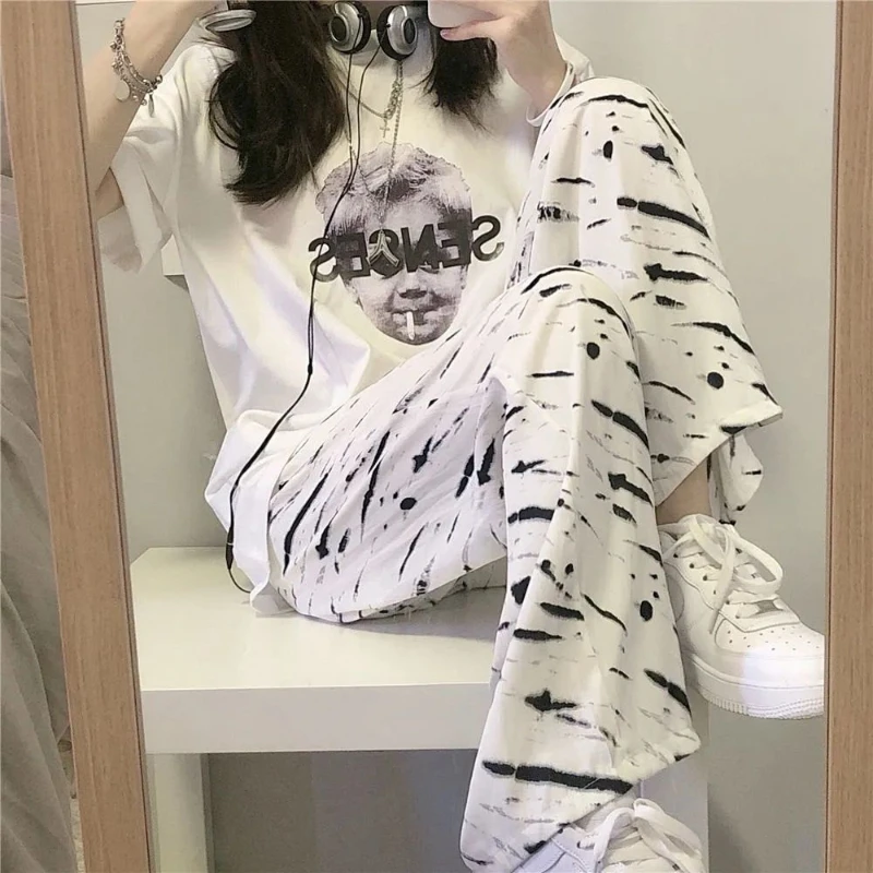 

Casual Basics Summer Suit Women Loose Vintage Pring Pullover T-shirt Design Sense Zebra-stripe Elastic Waist Wide Leg Pants