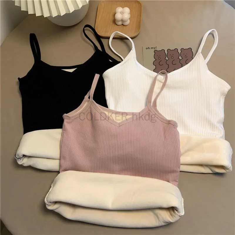 Women Winter Warm Underwear Pink Black Thermal Casual Nightwear Casual Elasticity Female Thin Velvet T-shirt Sleeveless Tops