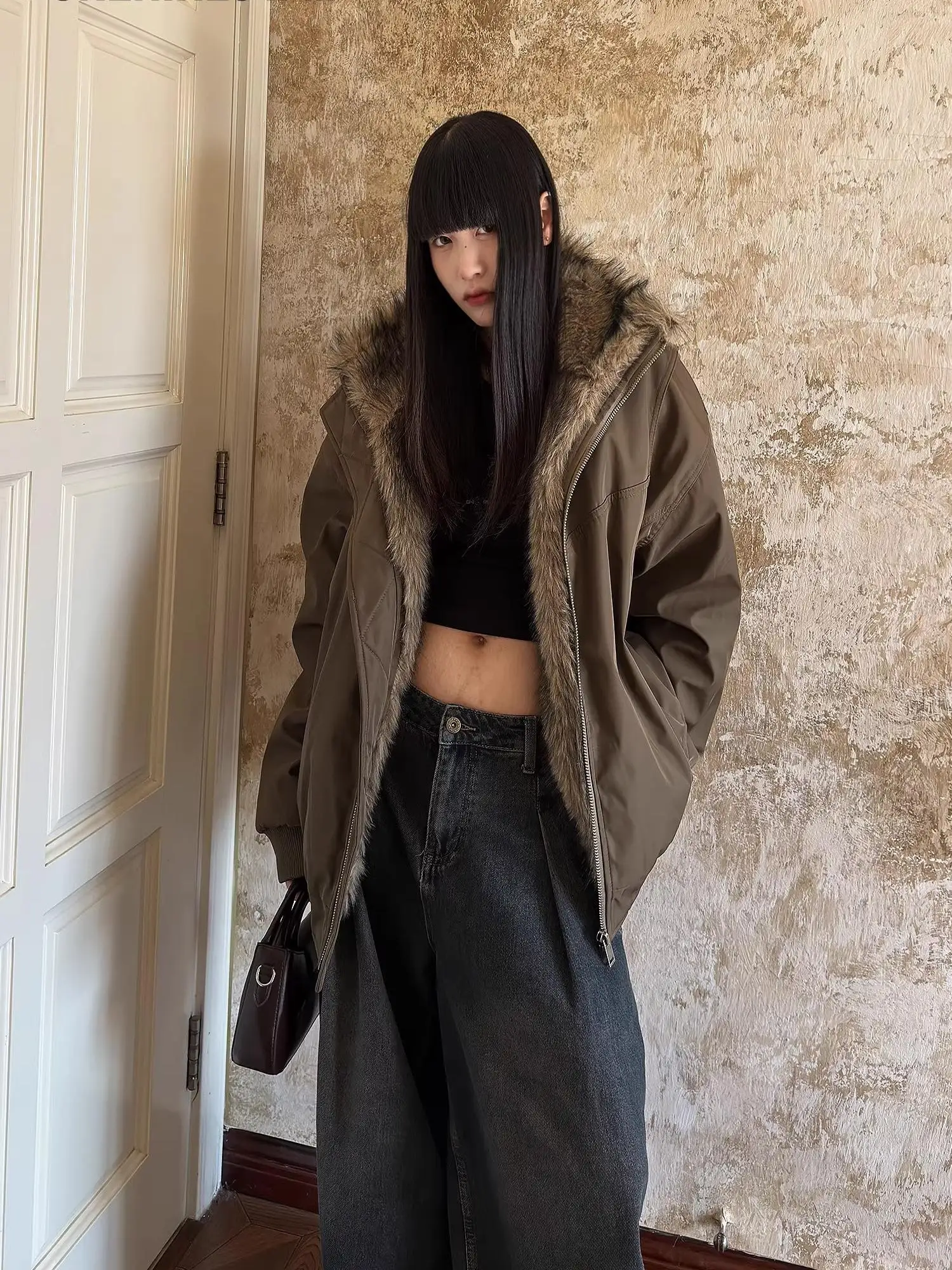 American Retro Fur Collar Jacket Winter Short Campus Style Thickened Hooded Cotton Design Ins Small Size Women's Coat