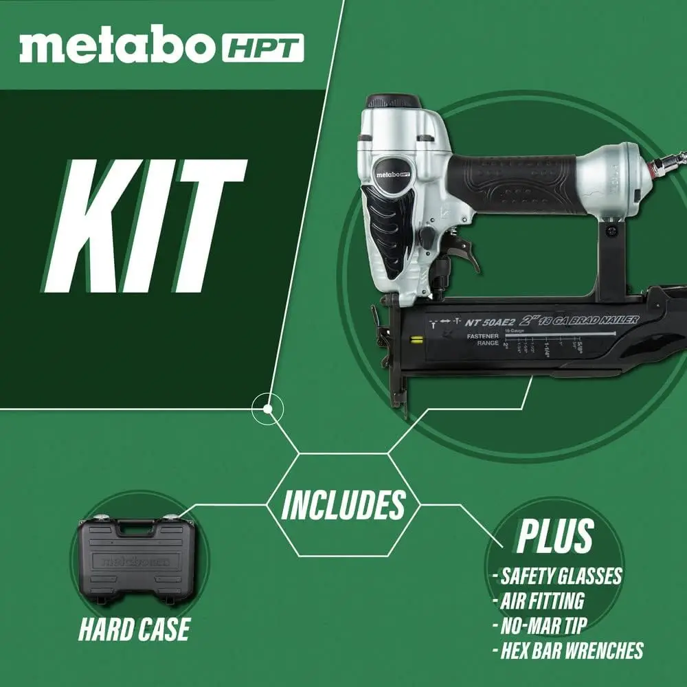 Bundle of Metabo HPT Brad Nailer Kit | NT50AE2 + Metabo HPT Cordless 18V MultiVolt™ Angled Finish Nailer Kit | 15 Gauge