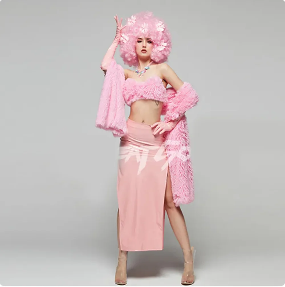 

2023 New Singer Stage Costume Plush Shawl Exaggerated Wig Pu Leather Skirt Nightclub Gogo Dancing Clothes Rave Outfit