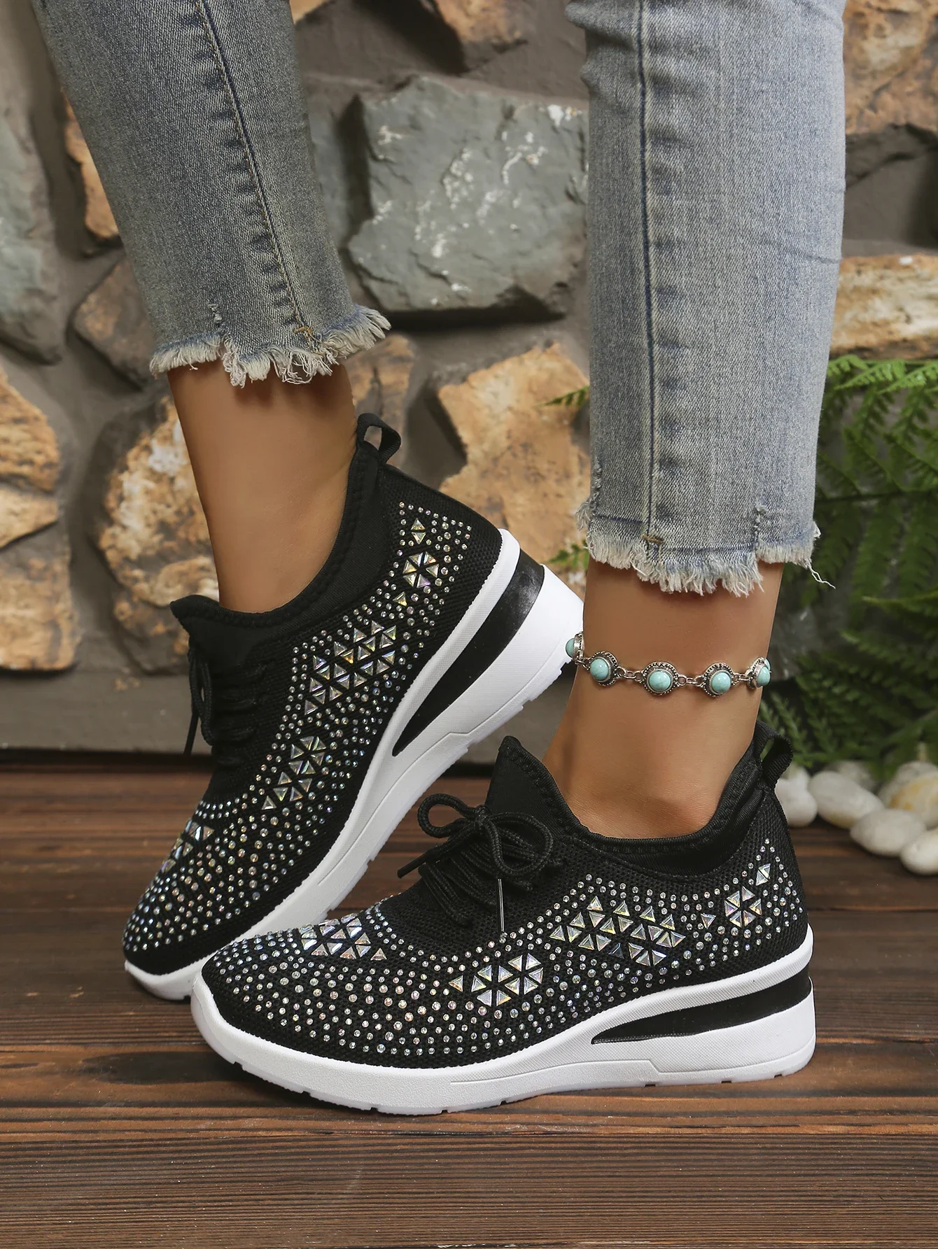 Damen Casual Walking Sneakers Atmungsaktives Mesh Geometrische Strass Versteckte Höhe Keilabsatz Plateau-Schuhe Kostenloser Versand Schuhe – Detail 19
