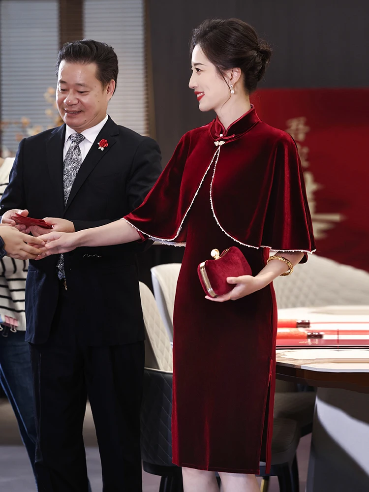 

Red Velvet Wedding Dr for Mother of the Bride Winter Ele Young Chinese Sle New Bride Flag Robe Ceremony Costume