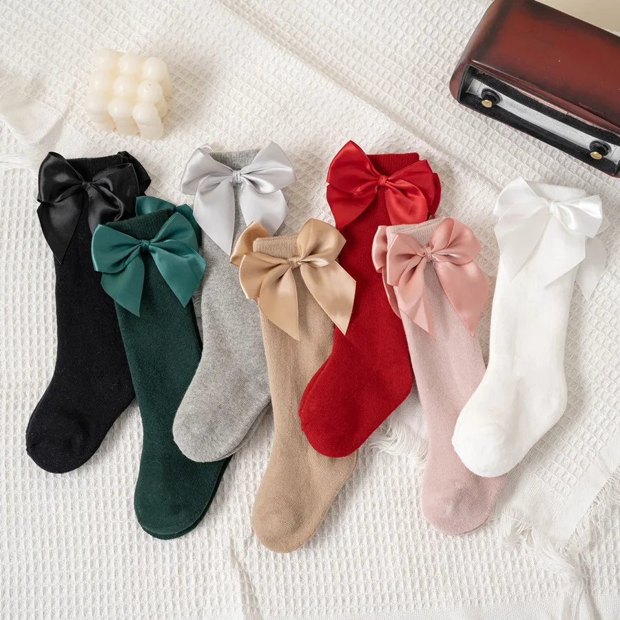 Winter Kids Long Socks Children Big Bowknot Warm Sock Soft Cute Baby Girls Christmas Cotton Solid Thicken Socken For 0-5Years