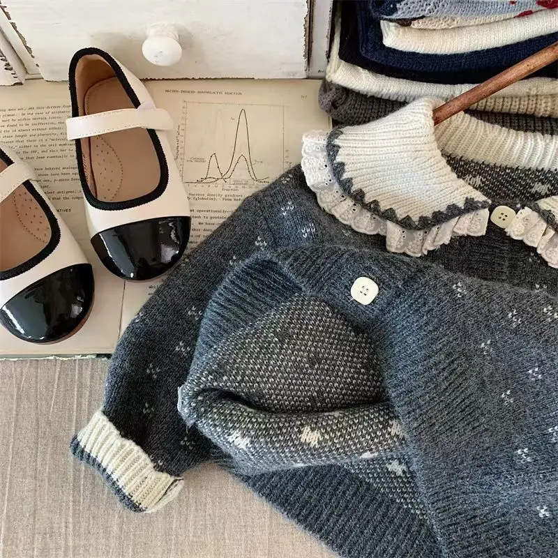 Kids Girls Knitted Cardigan 2025 New Arrival Chidlren Casual Lace Stitching Sweaters Wine Red Gray Spring Autumn Cotton Tops