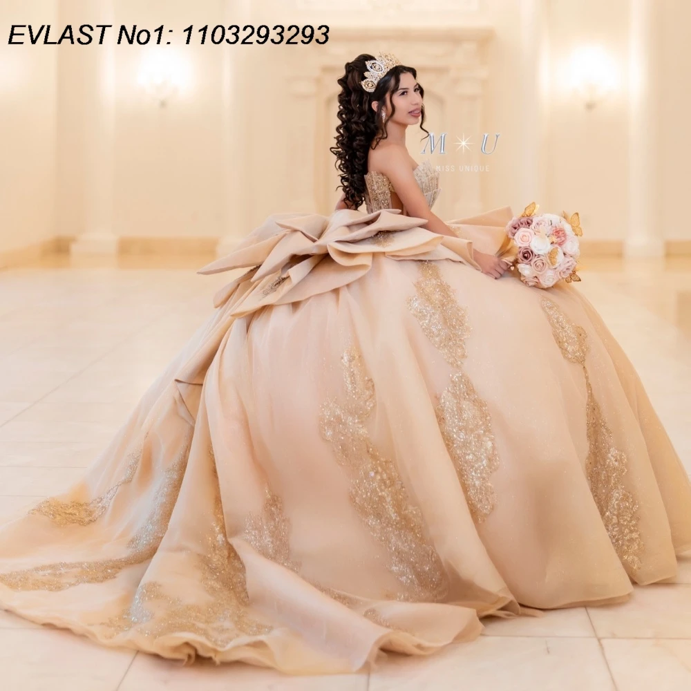 

EVLAST индивидуальное платье принцессы цвета шампанского Quinceanera, бальное платье с кружевной аппликацией и бантом из бисера, милое платье 16, Vestidos De 15 Anos E1QN734
